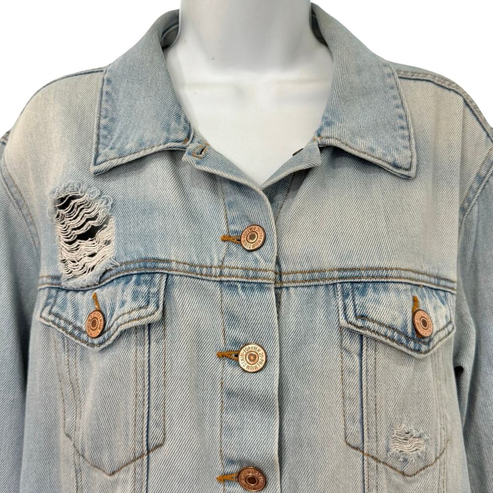 Forever 21 Blue Denim Pink Orange Floral Embroidered Distressed Jean Jacket sz M - Picture 8 of 11